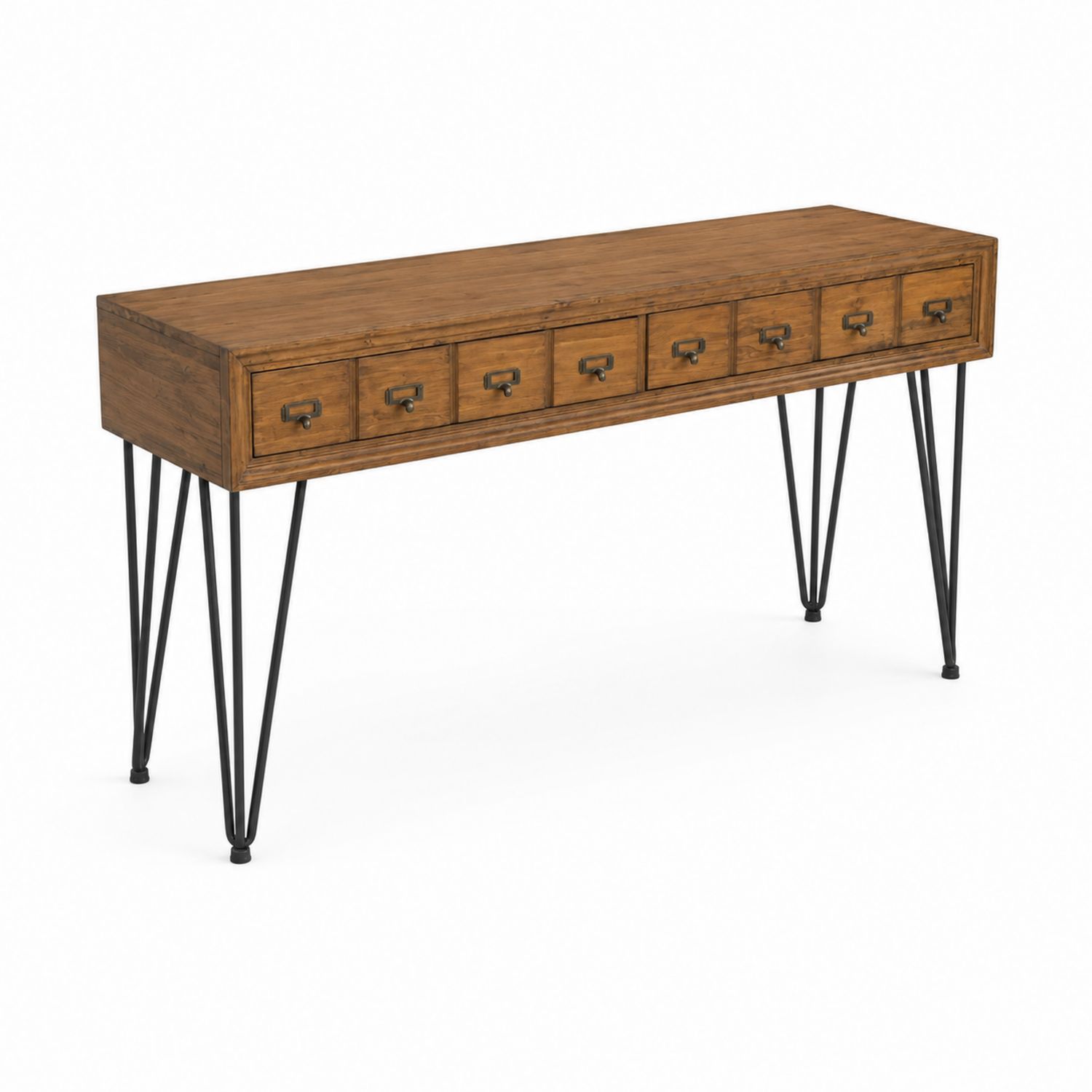 Mesa consola de madera maciza con 7 cajones y patas de acero negras-luntrivaria
