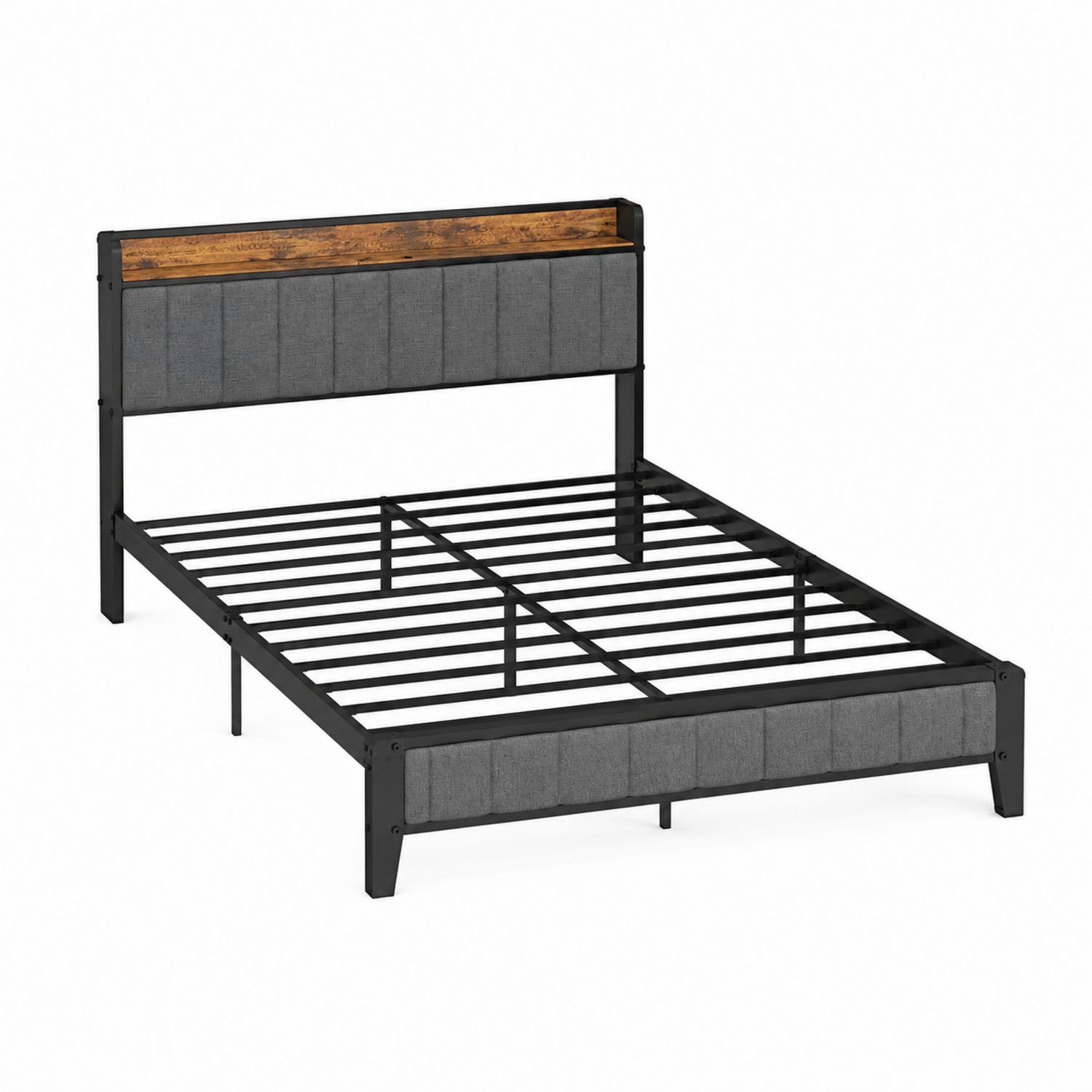 Cama doble acero madera y tela poliéster gris y negro-luntrivaria