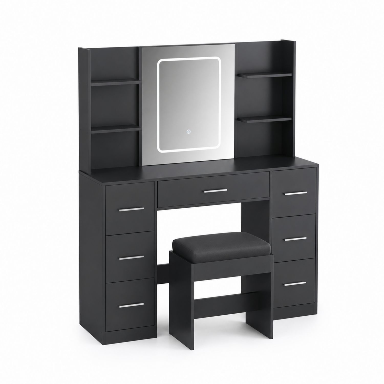 Tocador de MDF Negro con Espejo LED y Taburete, 120x40x140 cm-luntrivaria