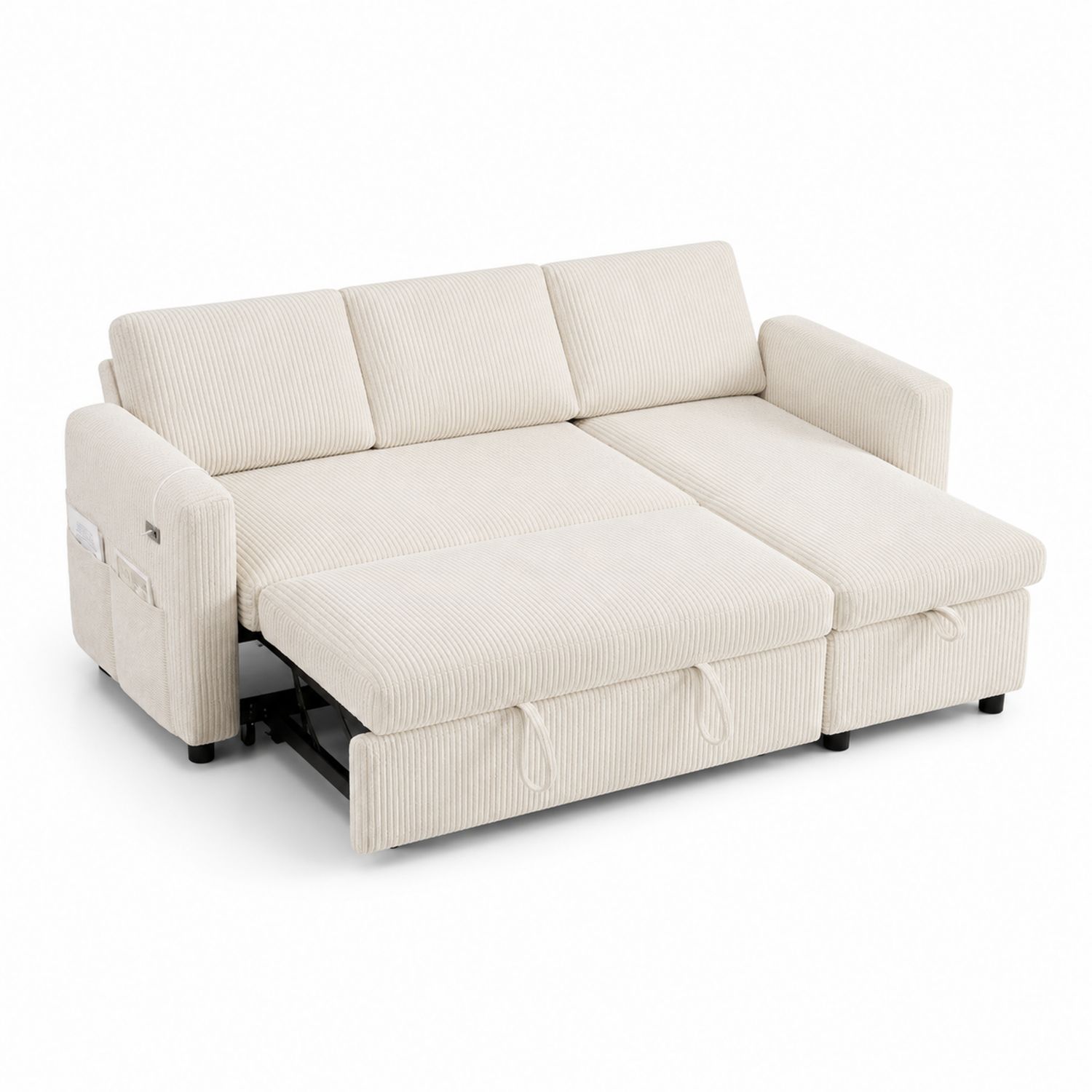 Sofá cama 3 plazas chaise longue tela pana marfil-luntrivaria