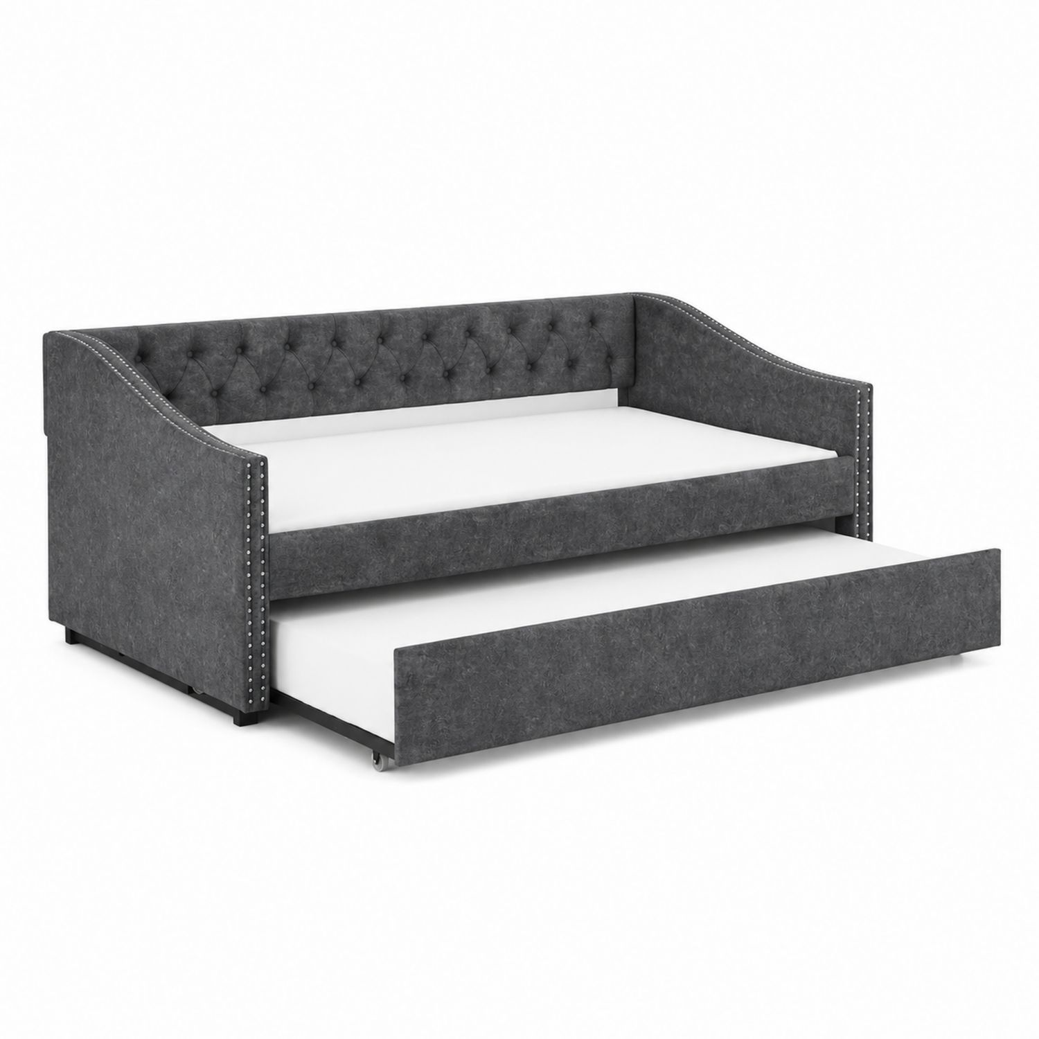 Cama nido de tela gris con respaldo acolchado-luntrivaria