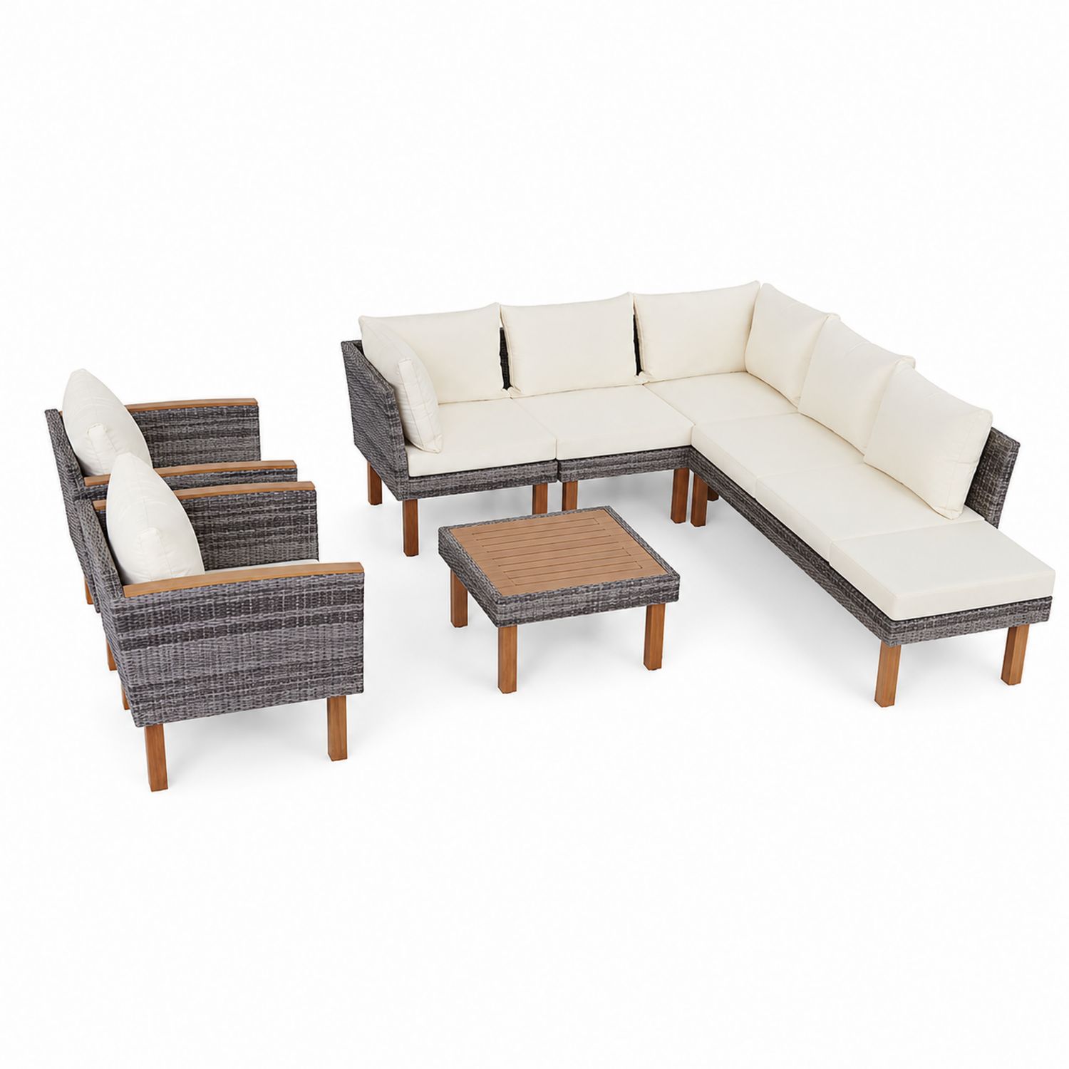 Conjunto de Sofás de Exterior en Ratán Sintético y Madera de Acacia, Crema-luntrivaria