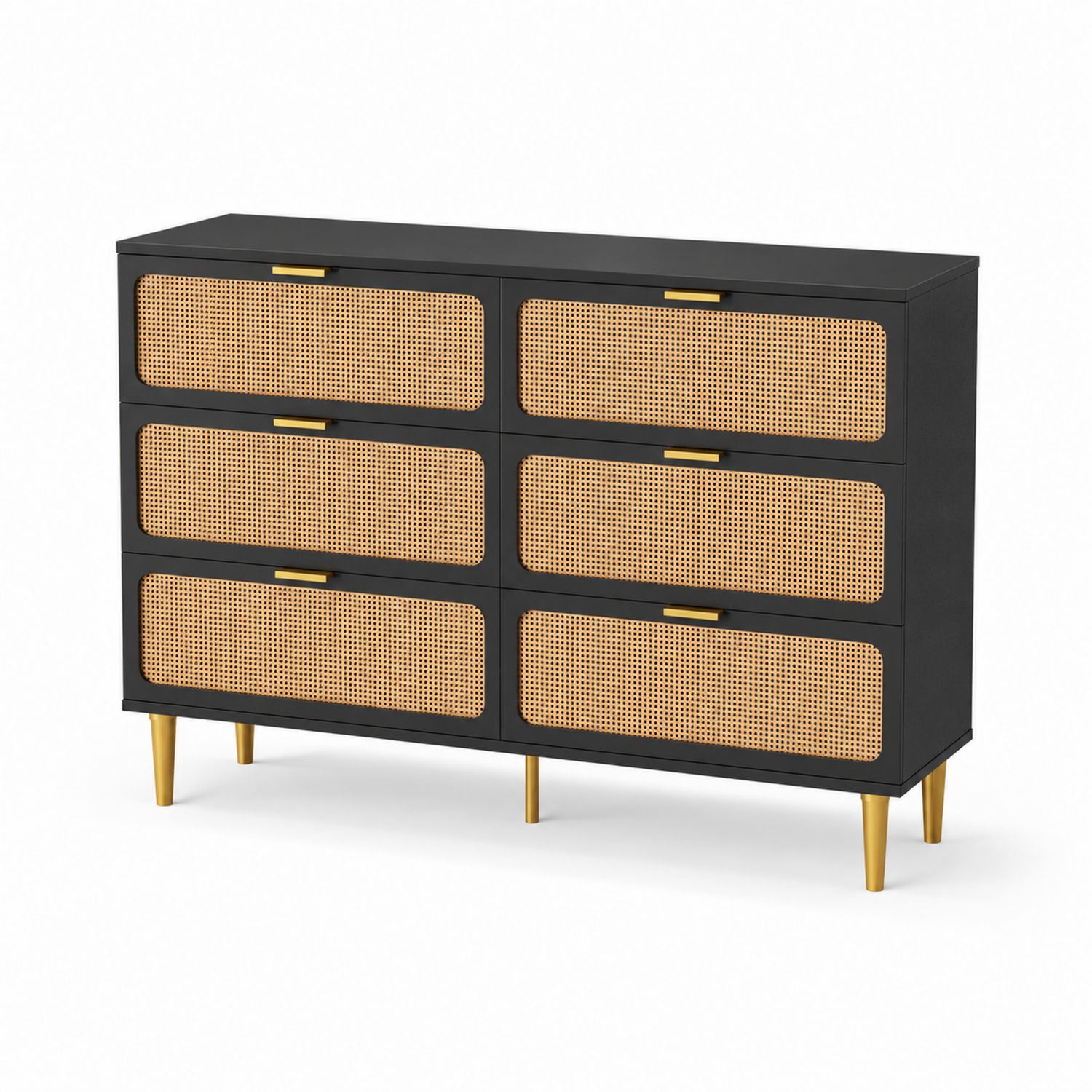 Cajonera de Madera y Ratán con 6 Cajones Negro y Dorado-luntrivaria