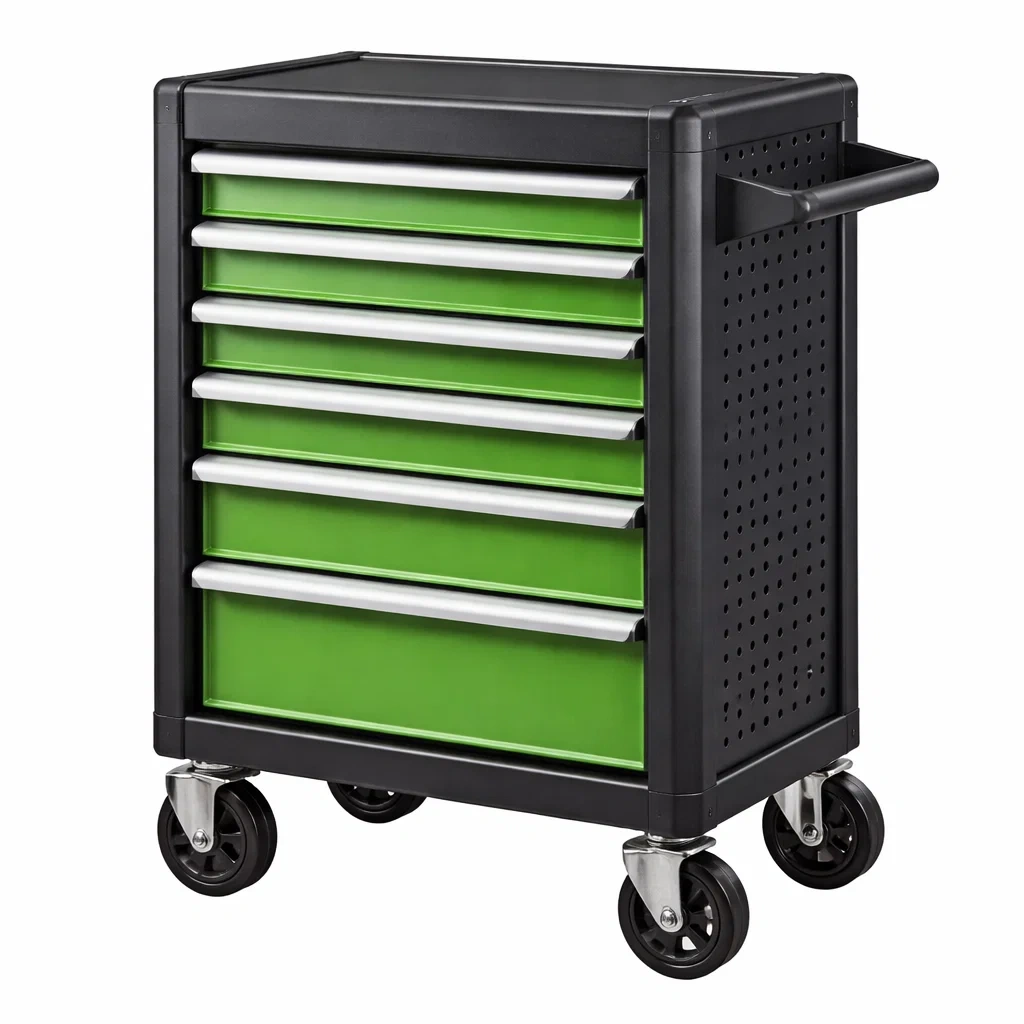 Carrello porta attrezzi in acciaio verniciato a polvere con 7 cassetti verde-DREAMABODESPACE