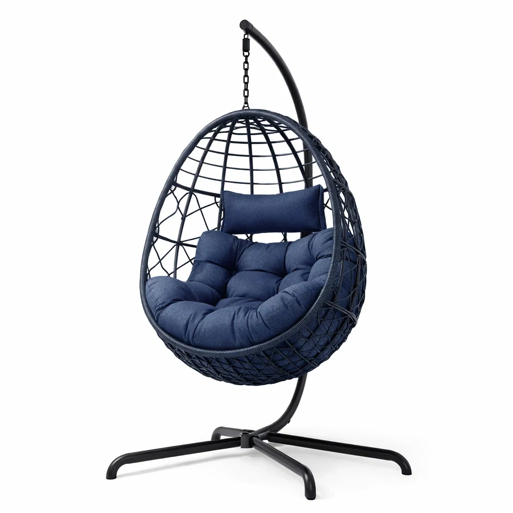 Sedia sospesa in rattan con cuscino blu e struttura in acciaio-DREAMABODESPACE