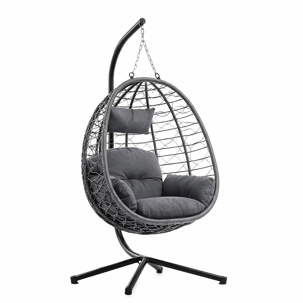 Sedia Sospesa in Metallo e Rattan con Cuscini Grigi-DREAMABODESPACE