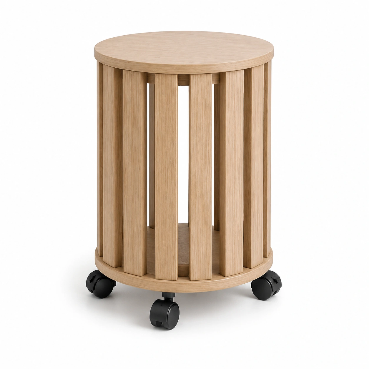 Mesa lateral redonda de madera natural con ruedas-AlveronHome