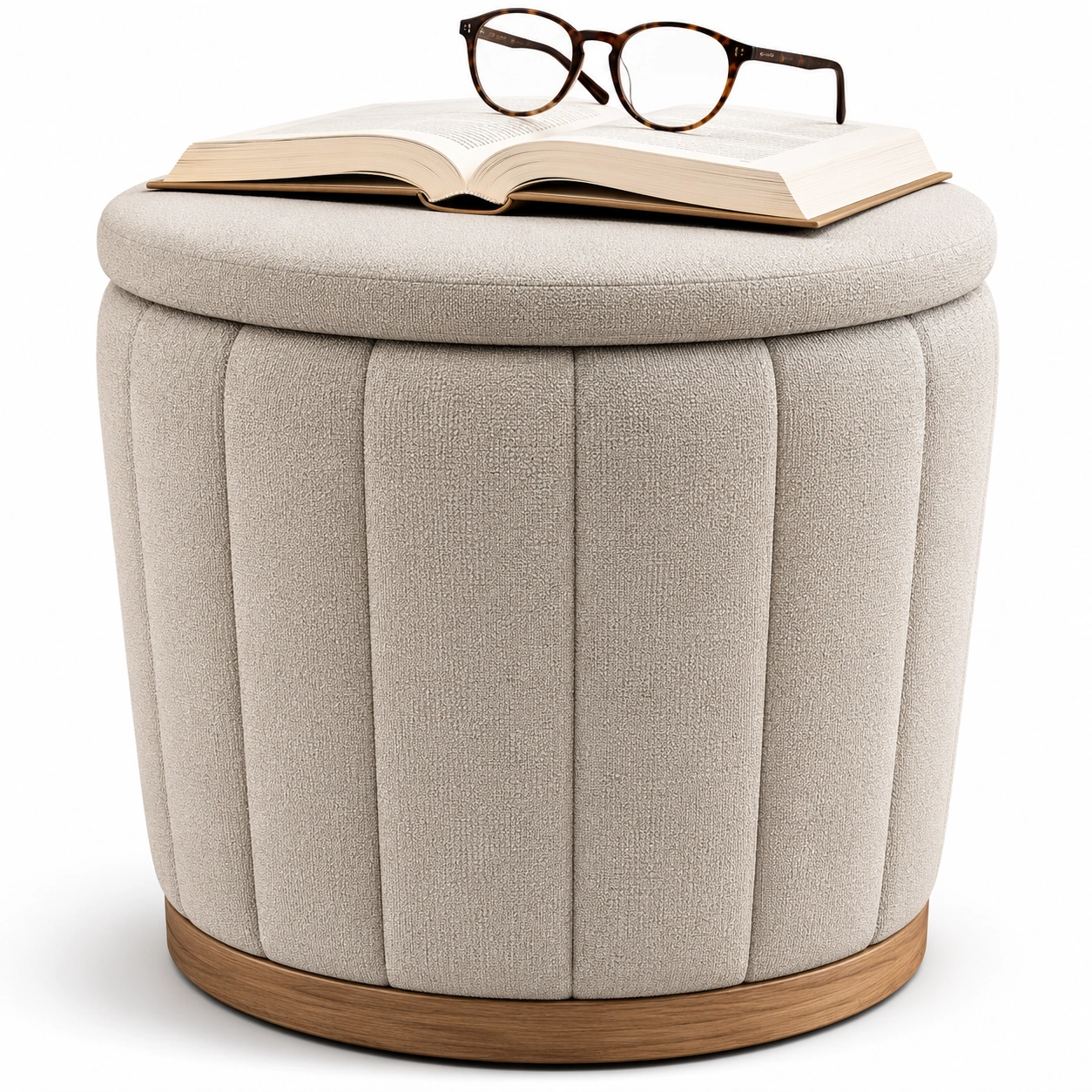 Puf de almacenamiento redondo tapizado beige-AlveronHome