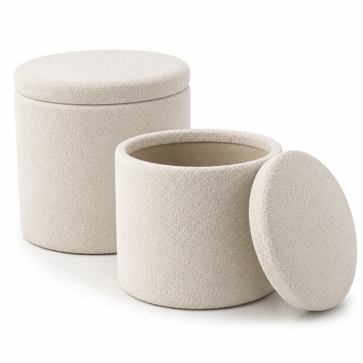 Puf redondo con almacenamiento tapizado blanco roto-AlveronHome