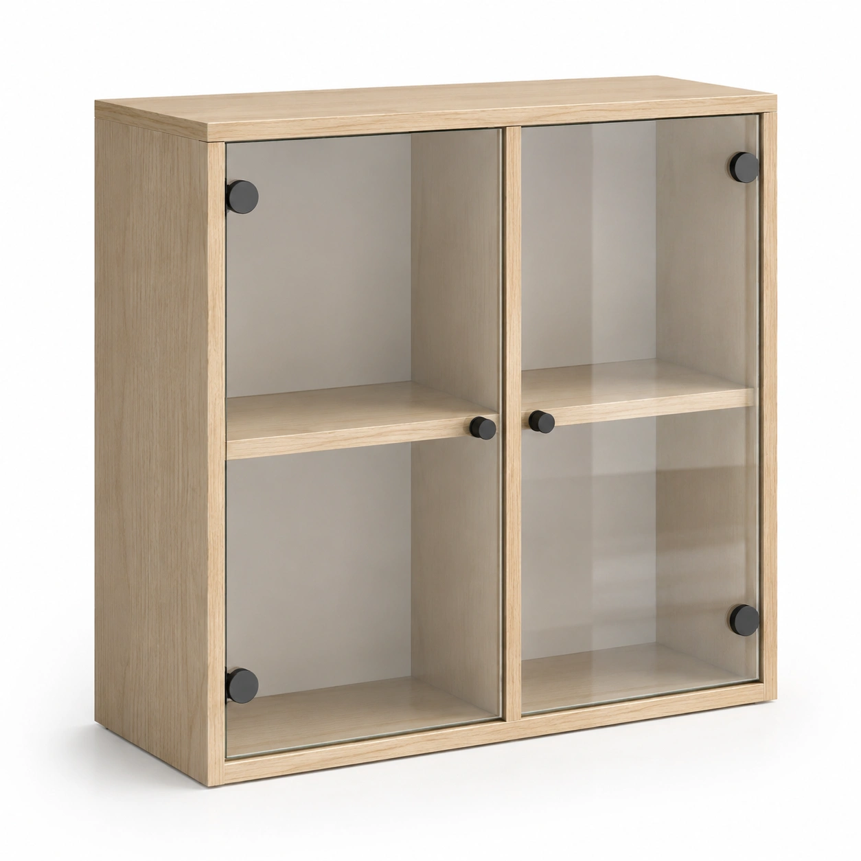 Vitrina de madera clara con dos puertas de vidrio-AlveronHome