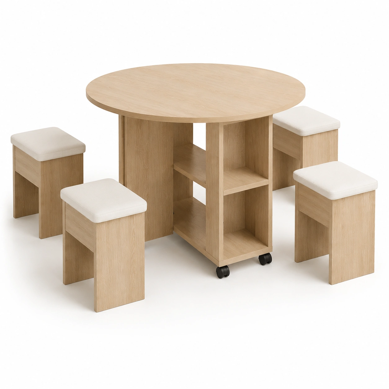 Set de mesa redonda con 4 puffs color madera natural-AlveronHome