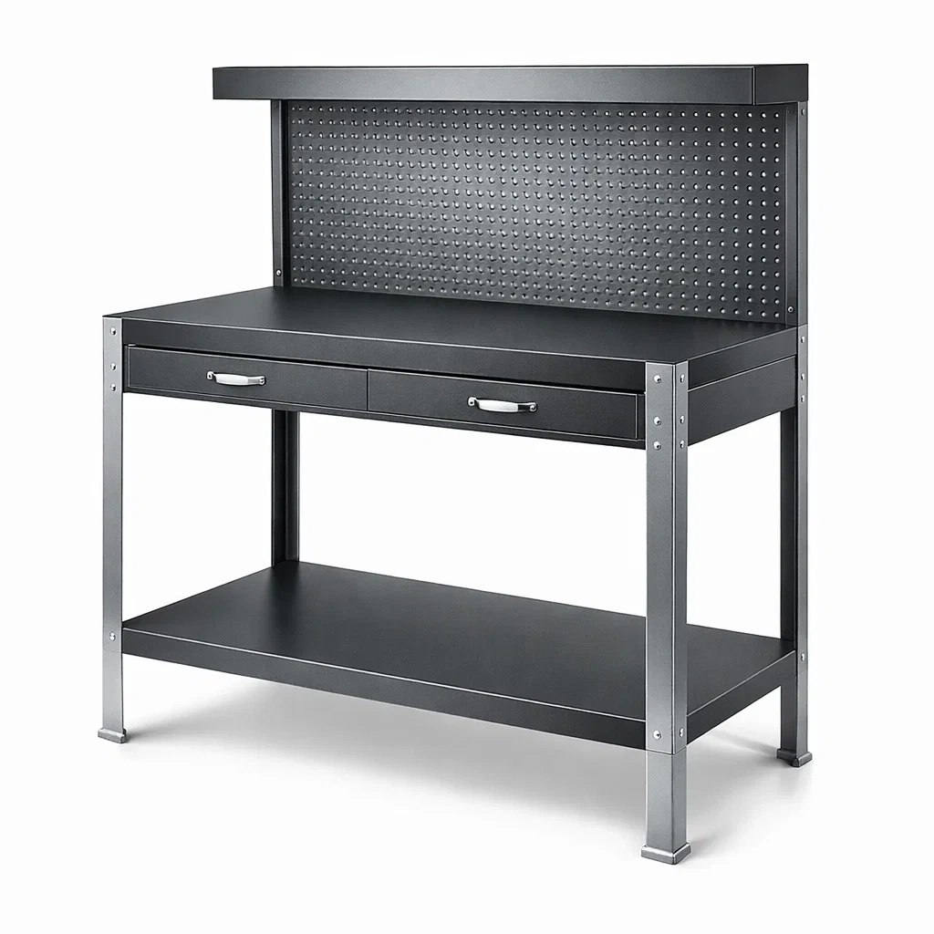 Banco da lavoro in metallo con cassetti e pannello forato 120x60x150 cm-URBANHAVENVIBES