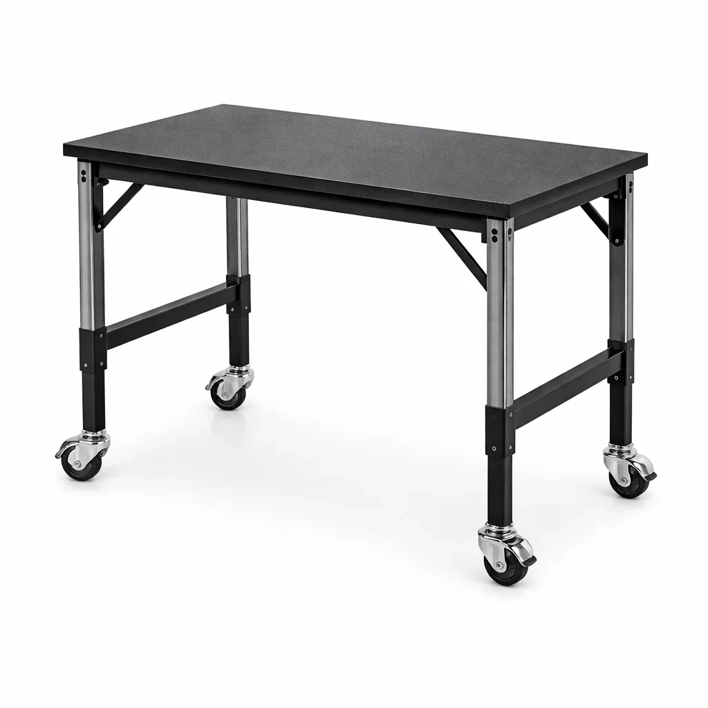 Tavolo regolabile con ruote in acciaio e piano in laminato 120x60x75 cm-URBANHAVENVIBES