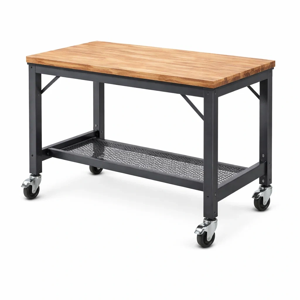 Carrello da Lavoro in Legno e Metallo con Ruote-URBANHAVENVIBES