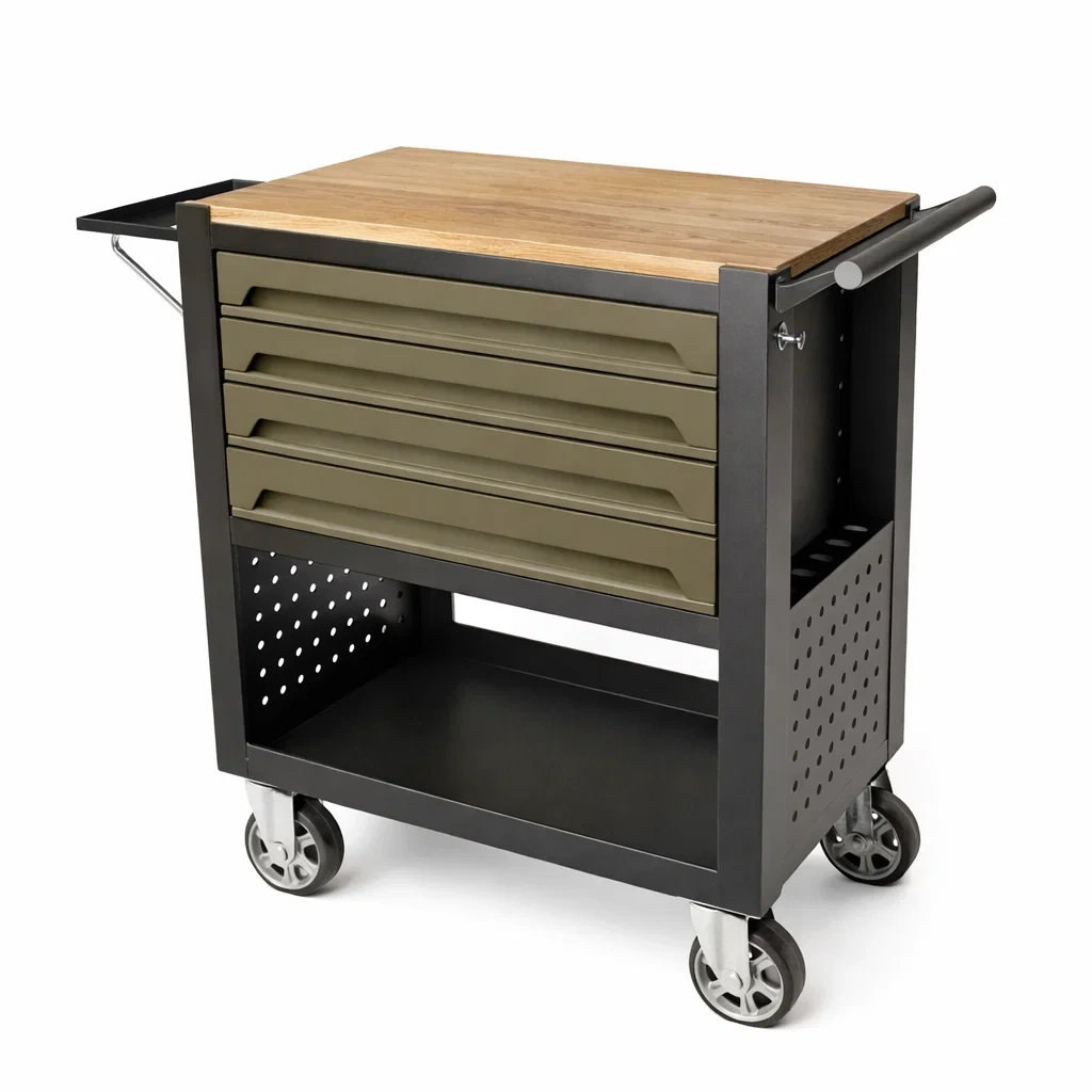 Carrello da Officina con Cassetti in Metallo e Piano in Legno-URBANHAVENVIBES