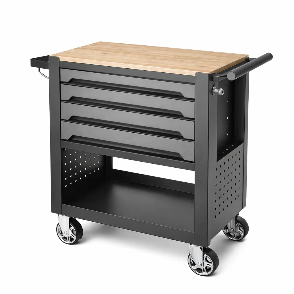 Carrello porta attrezzi in metallo con piano in legno e ruote, 4 cassetti-URBANHAVENVIBES