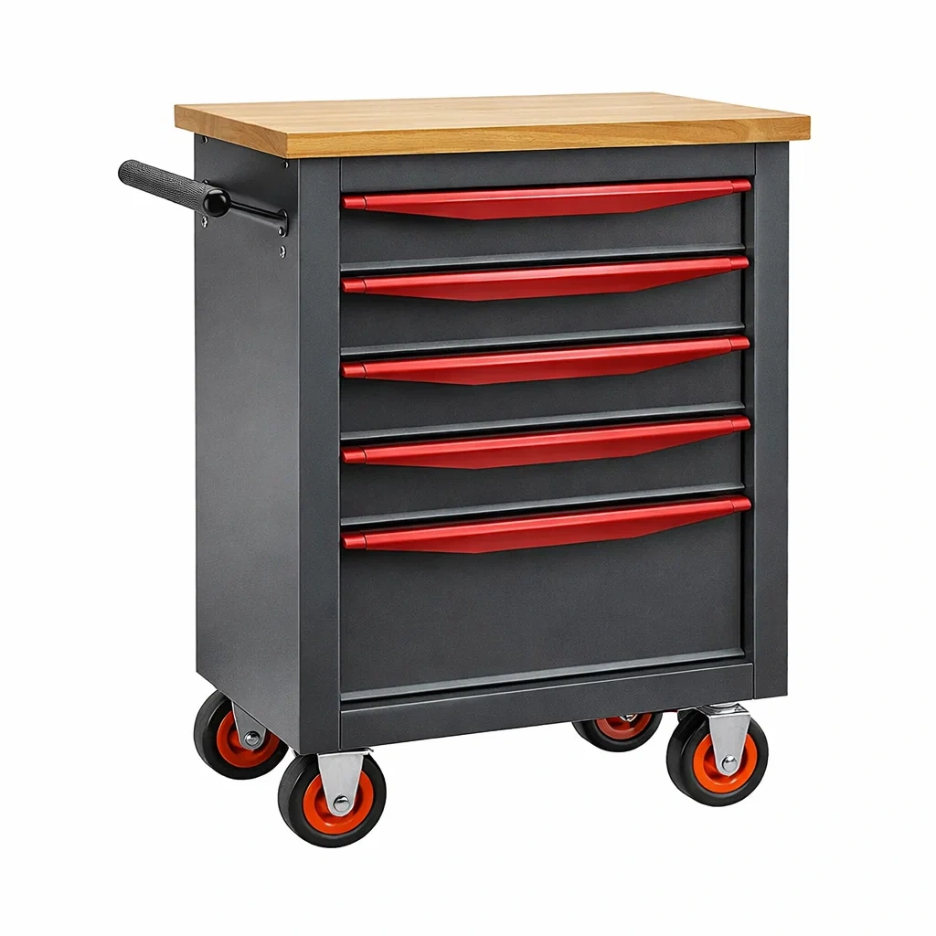 Carrello Porta Attrezzi in Metallo con 5 Cassetti e Piano in Legno-URBANHAVENVIBES