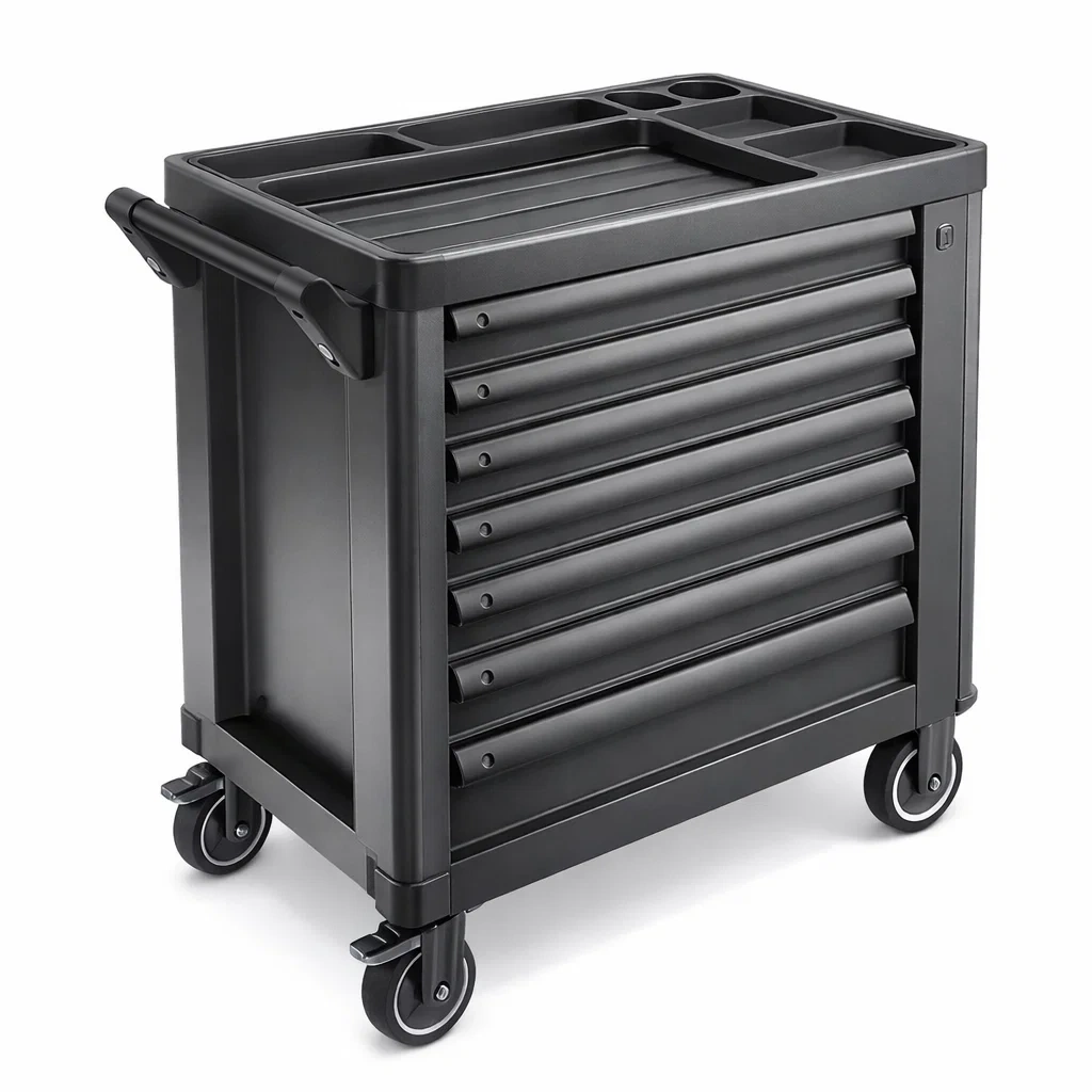 Carrello porta attrezzi nero in acciaio con 7 cassetti e ruote-URBANHAVENVIBES