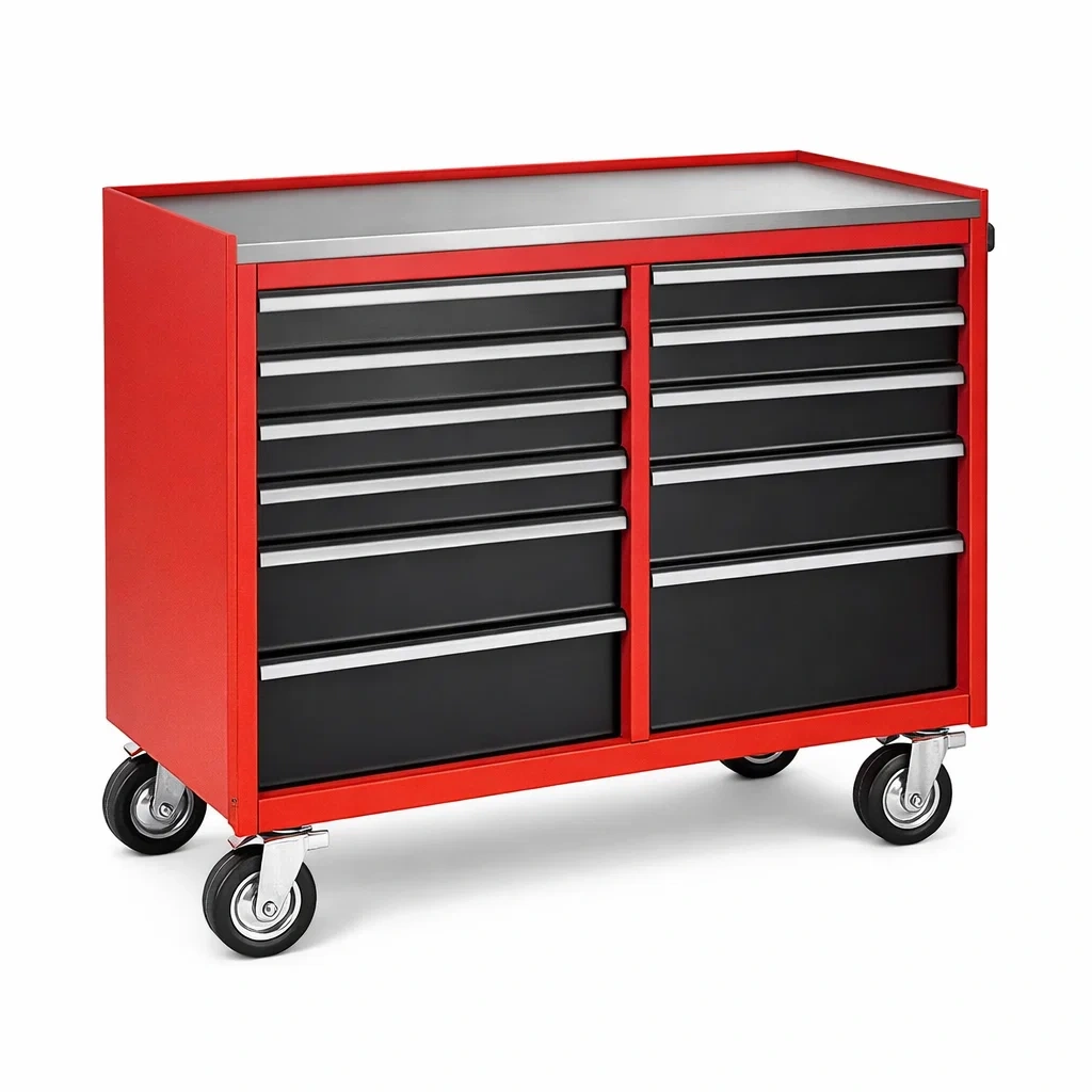 Carrello da Officina in Acciaio con 14 Cassetti Rosso e Nero-URBANHAVENVIBES