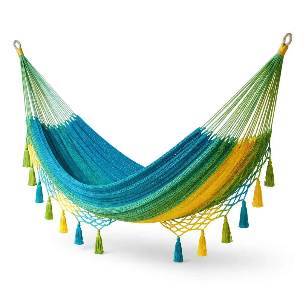 Amaca da Esterno in Cotone Blu, Verde e Giallo con Frange-URBANHAVENVIBES