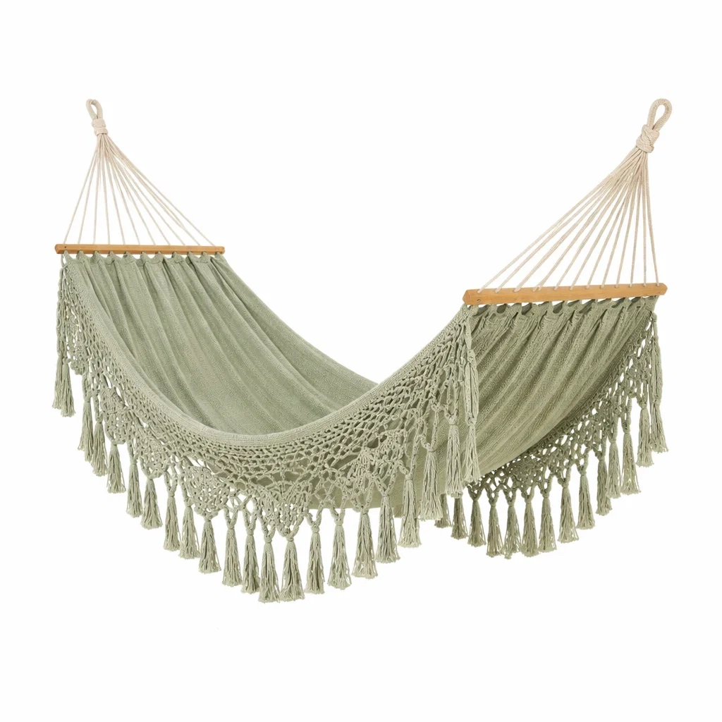 Amaca da Giardino in Cotone con Frange Macramè Verde-URBANHAVENVIBES
