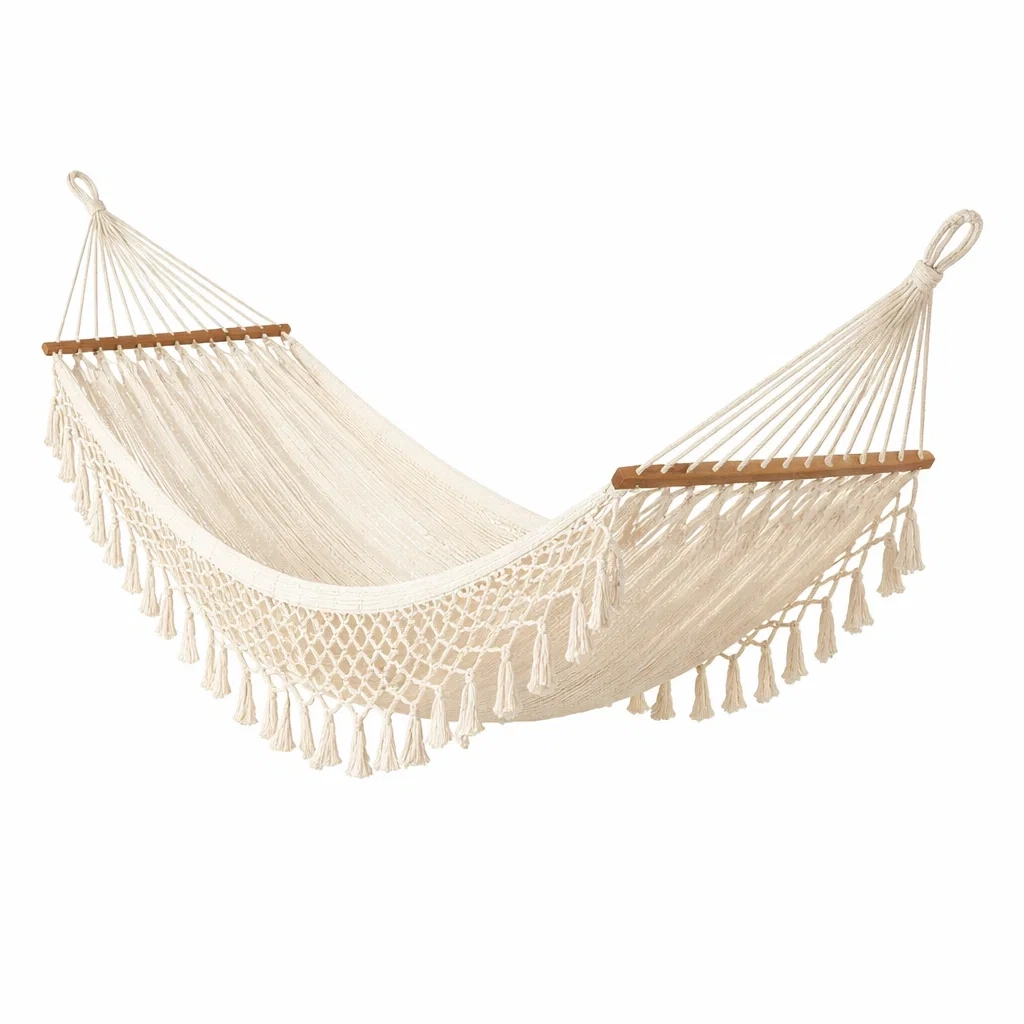 Amaca da Giardino in Cotone con Frange e Legno-URBANHAVENVIBES