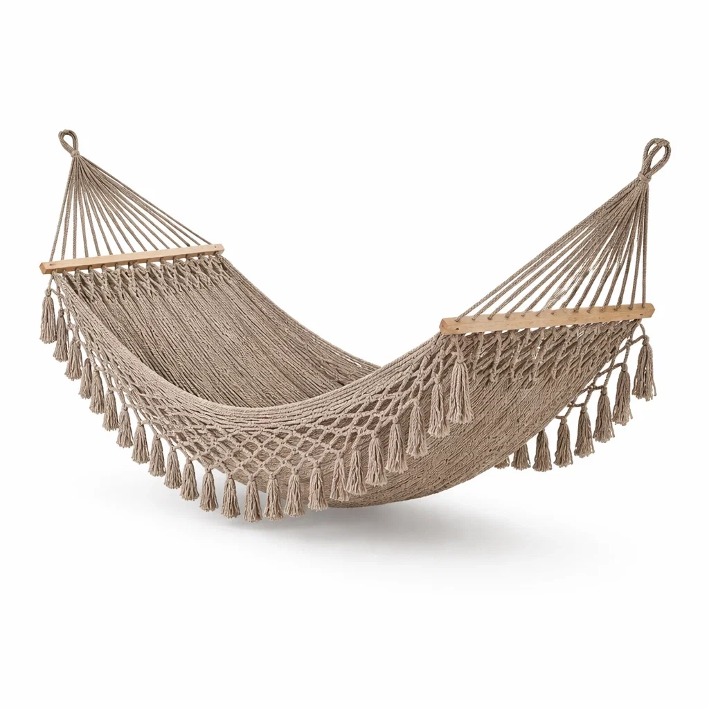 Amaca in Cotone Beige con Frange e Barre in Legno-URBANHAVENVIBES