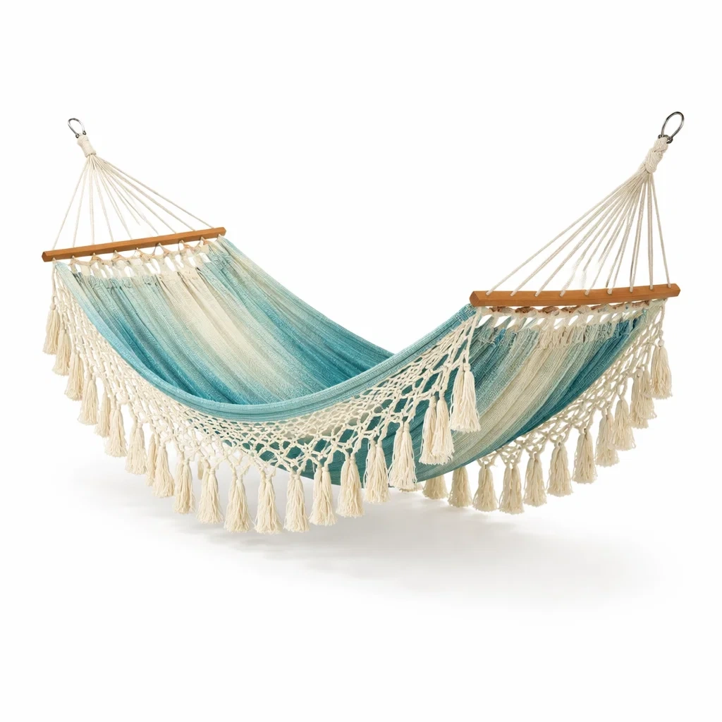 Amaca in Cotone e Legno con Frange Azzurro e Bianco-URBANHAVENVIBES