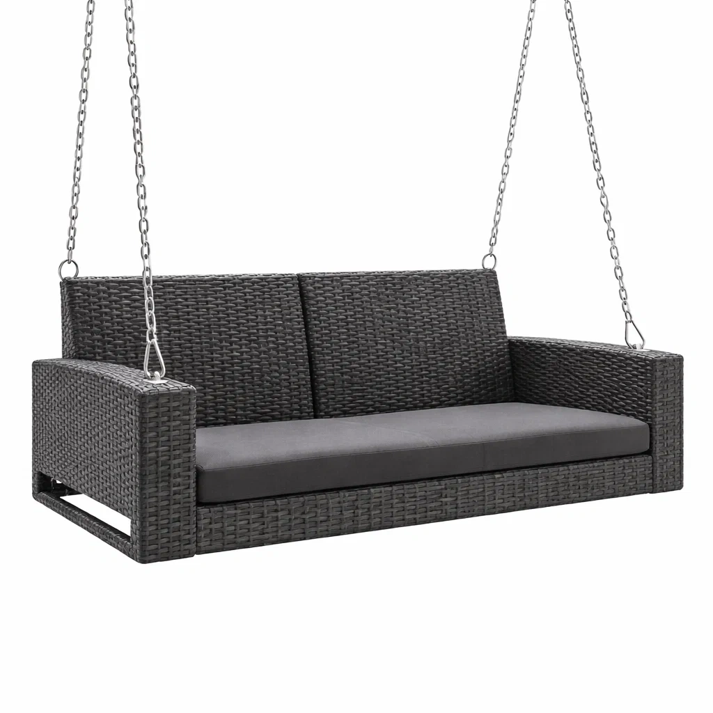 Dondolo Sospeso 2 Posti Rattan Sintetico Grigio Cuscini-URBANHAVENVIBES