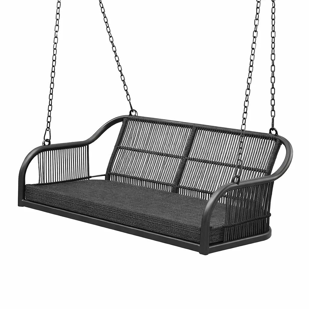 Panchina a Dondolo da Esterno in Metallo e Rattan con Cuscino Grigio-URBANHAVENVIBES