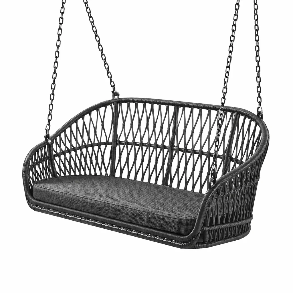 Dondolo da Giardino in Rattan Sintetico con Cuscino Nero-URBANHAVENVIBES