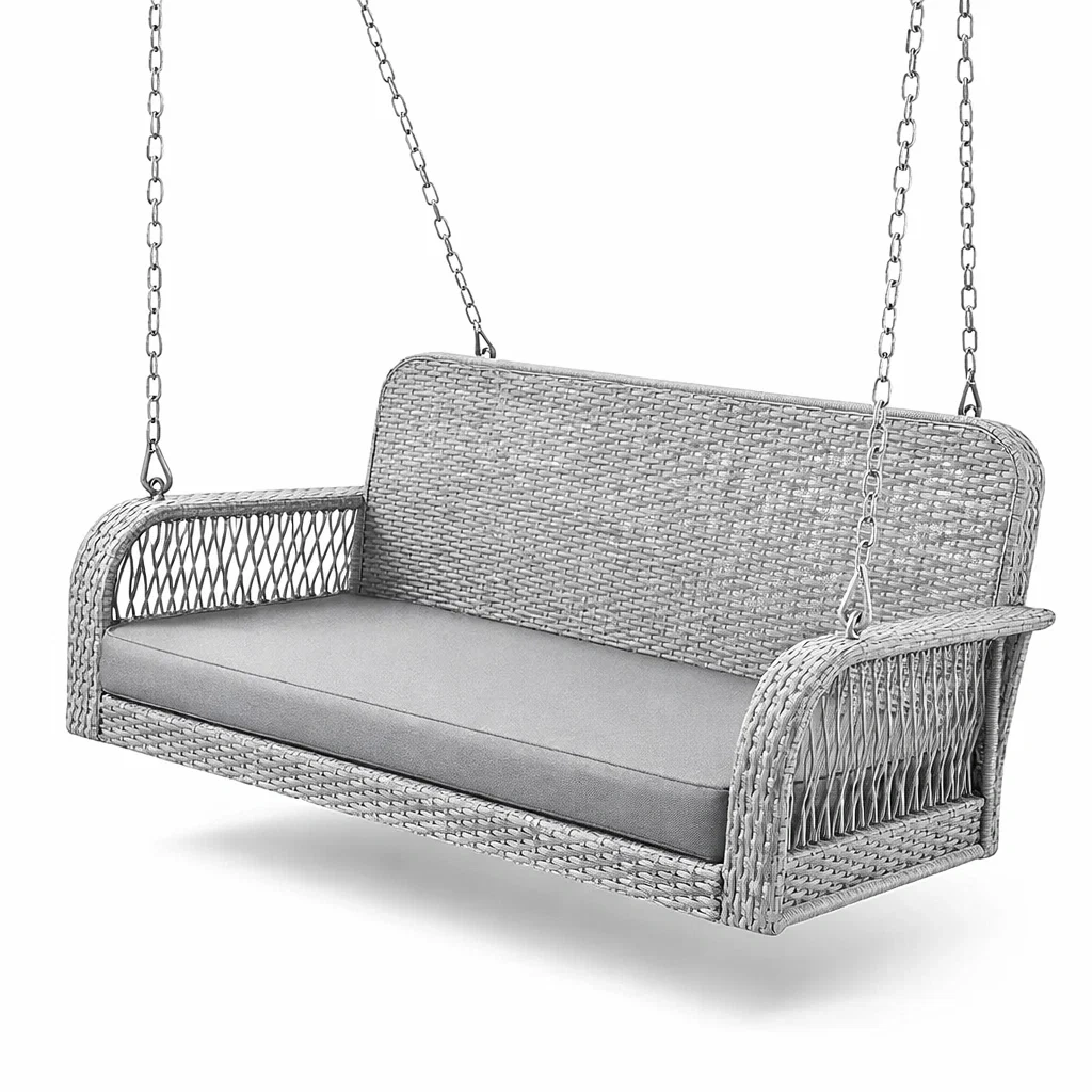 Panchina a Dondolo in Rattan Sintetico Grigio con Cuscino-URBANHAVENVIBES