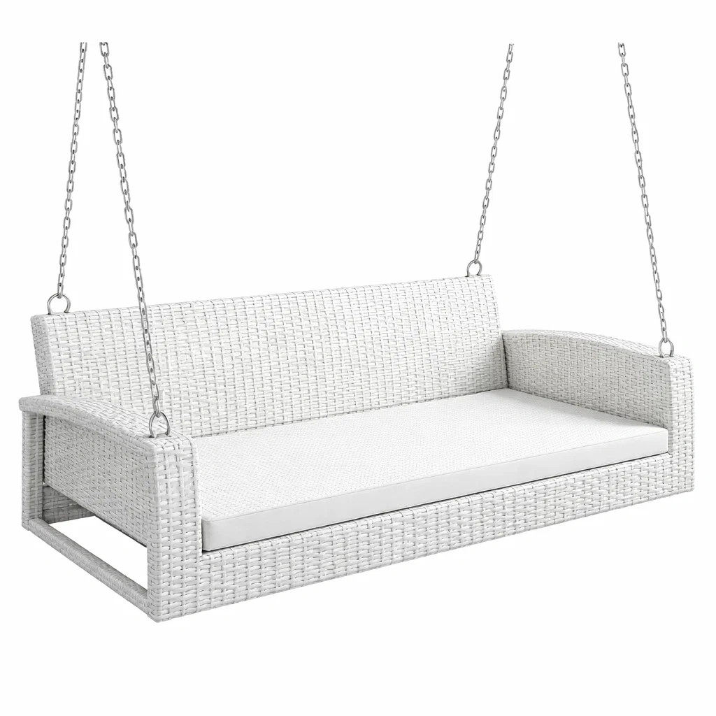 Panca Altalena in Rattan Sintetico Bianco con Cuscino-URBANHAVENVIBES