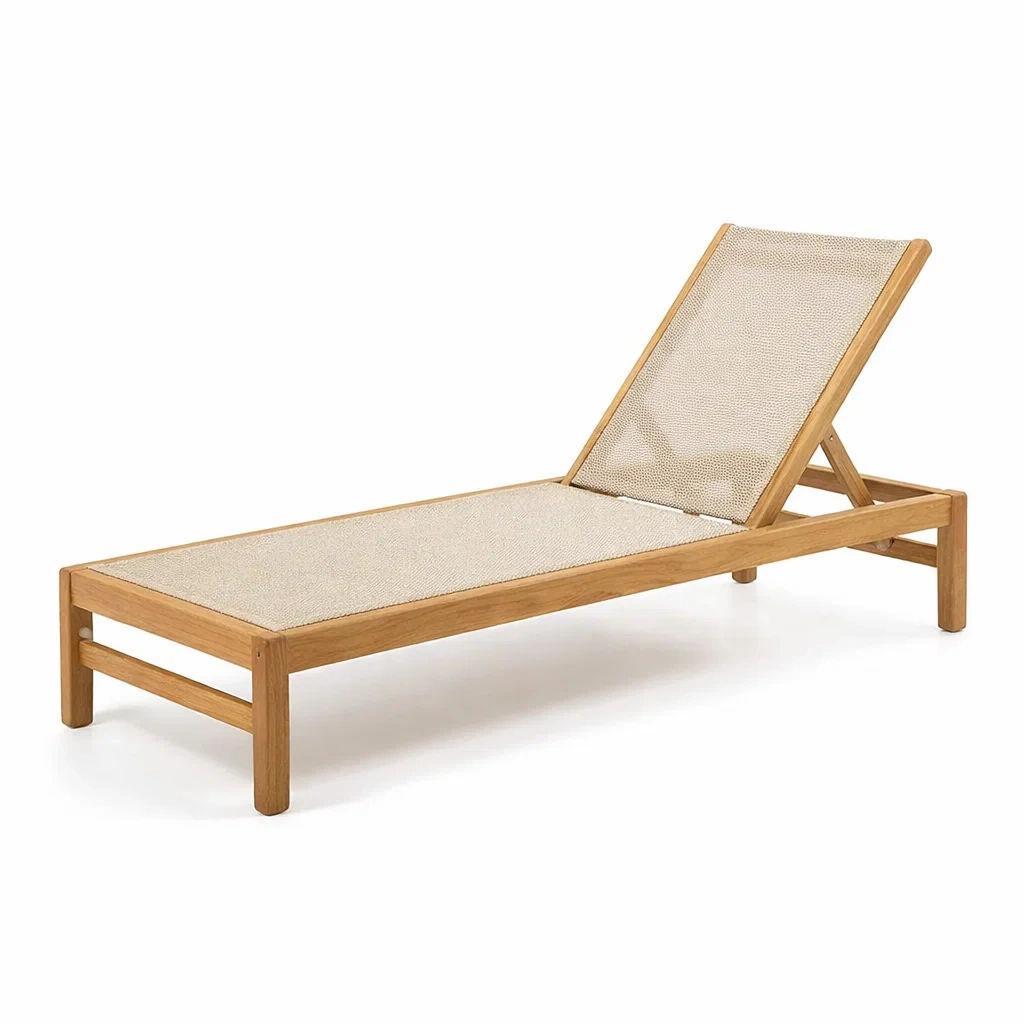 Lettino Prendisole in Legno di Teak con Tessuto Poliestere Beige-URBANHAVENVIBES