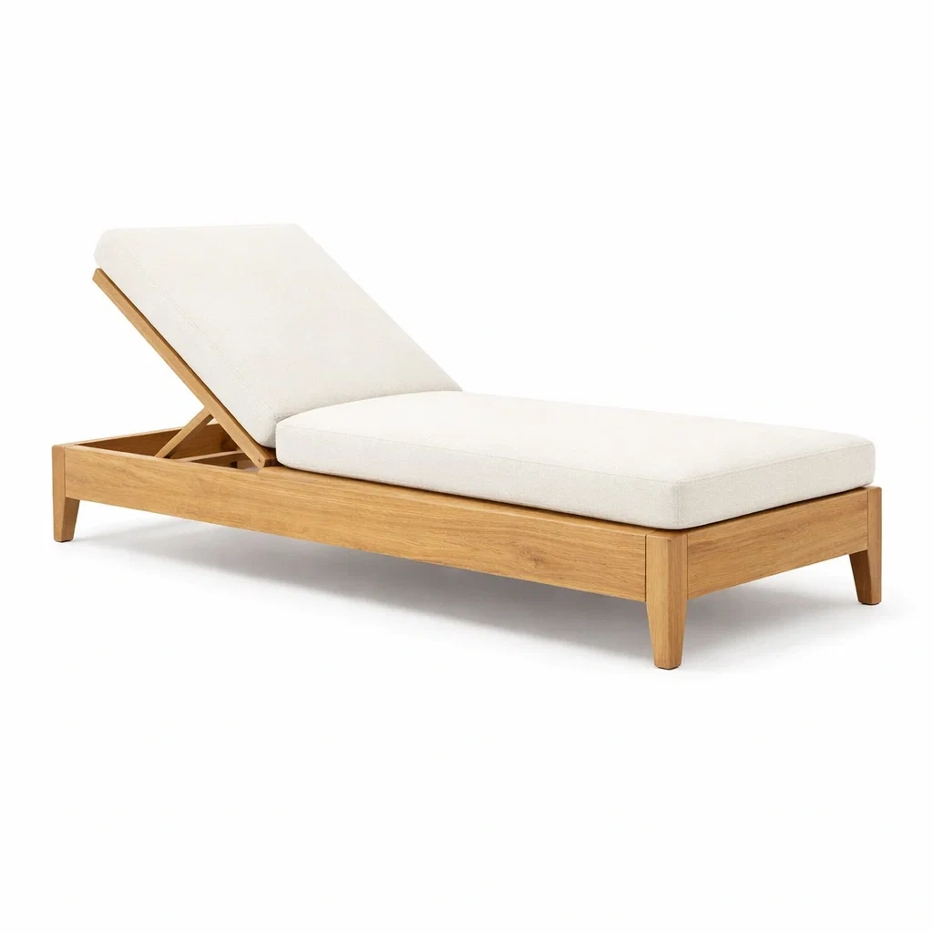 Lettino in Legno di Teak con Cuscino Bianco Regolabile-URBANHAVENVIBES