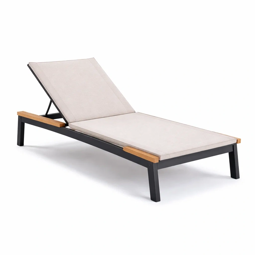 Lettino Prendisole in Alluminio e Legno con Cuscino Beige-URBANHAVENVIBES