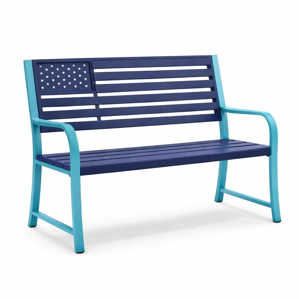 Panchina in Metallo Blu e Azzurro con Motivo Bandiera-URBANHAVENVIBES