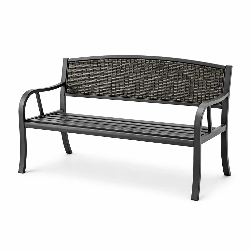 Panca da Giardino in Metallo e Rattan Sintetico Nero-URBANHAVENVIBES