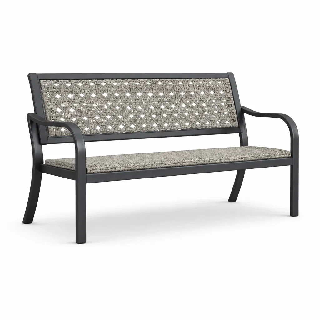 Panca da giardino in alluminio con seduta e schienale in rattan-URBANHAVENVIBES