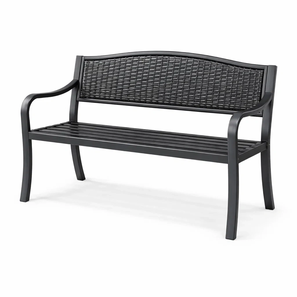 Panchina da Giardino in Metallo Nero con Schienale Intrecciato-URBANHAVENVIBES