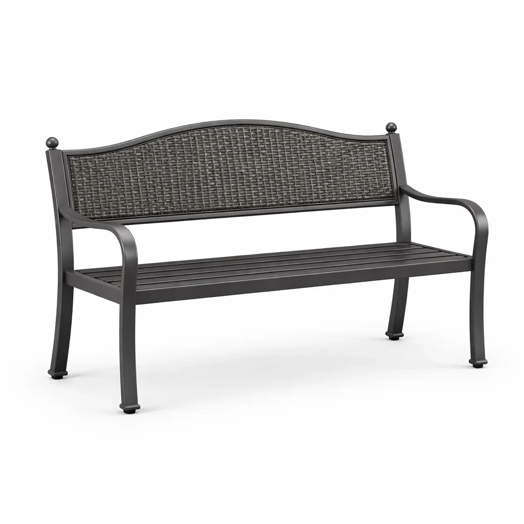 Panca da Giardino in Metallo con Schienale in Rattan Sintetico-URBANHAVENVIBES