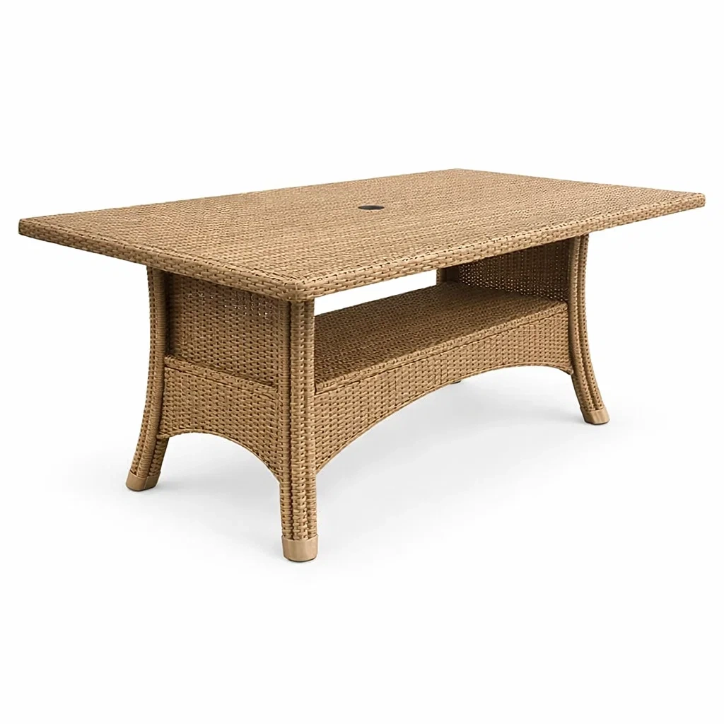 Tavolo rettangolare in rattan PE intrecciato con piano e ripiano-URBANHAVENVIBES