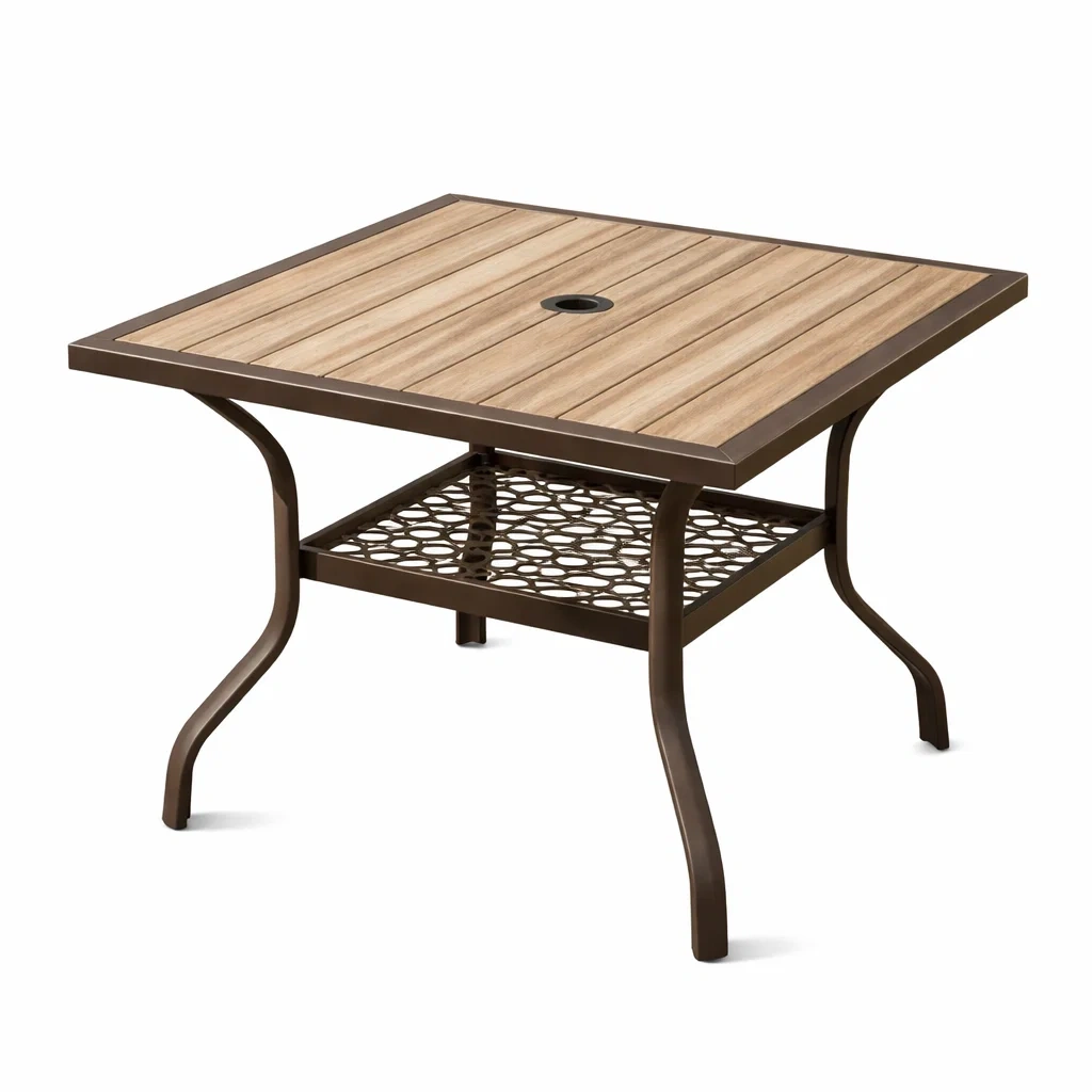Tavolo da Giardino Metallo e Legno con Foro per Ombrellone 80x80x70 cm-URBANHAVENVIBES