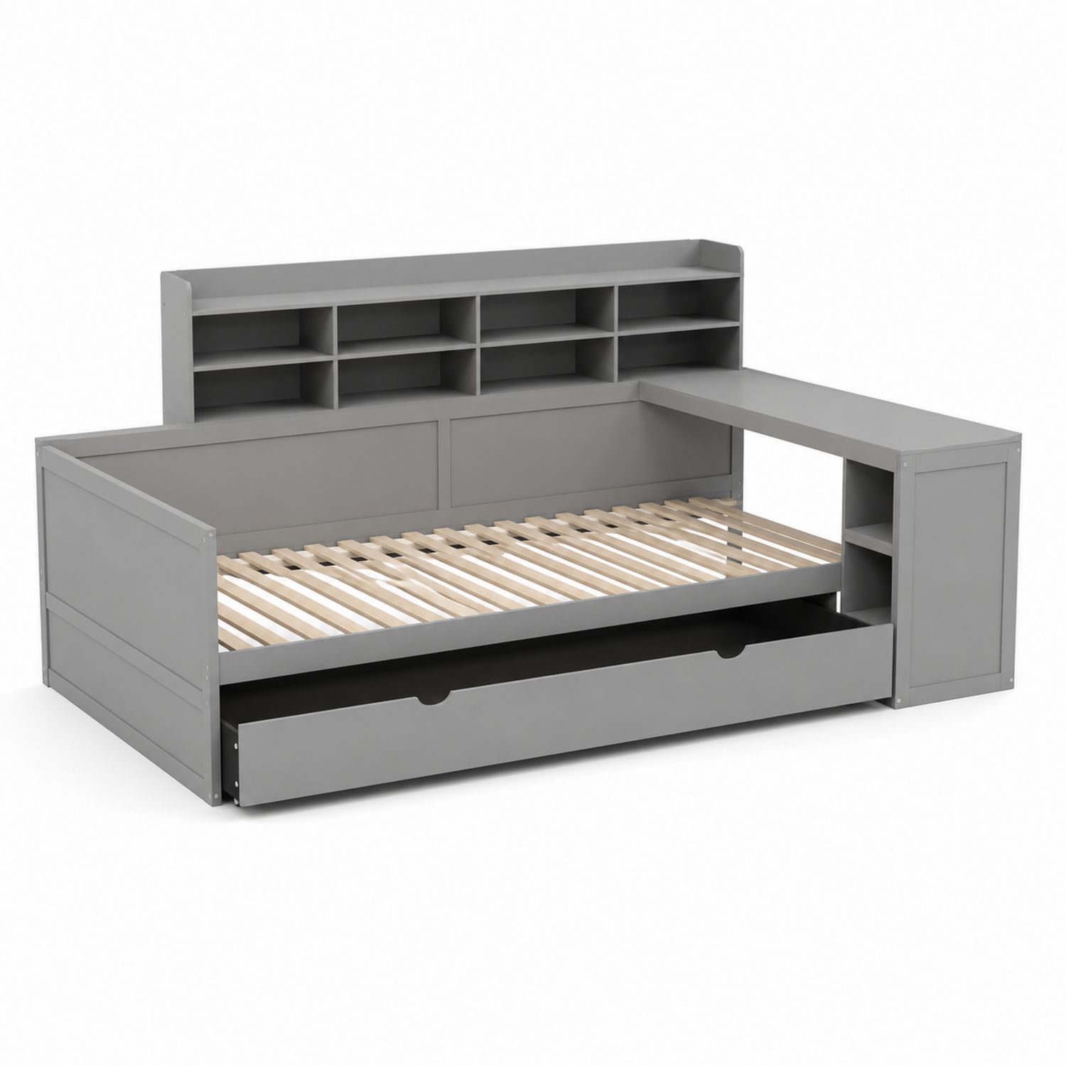 Cama de madera con estantería y escritorio gris-Mavtrivarion