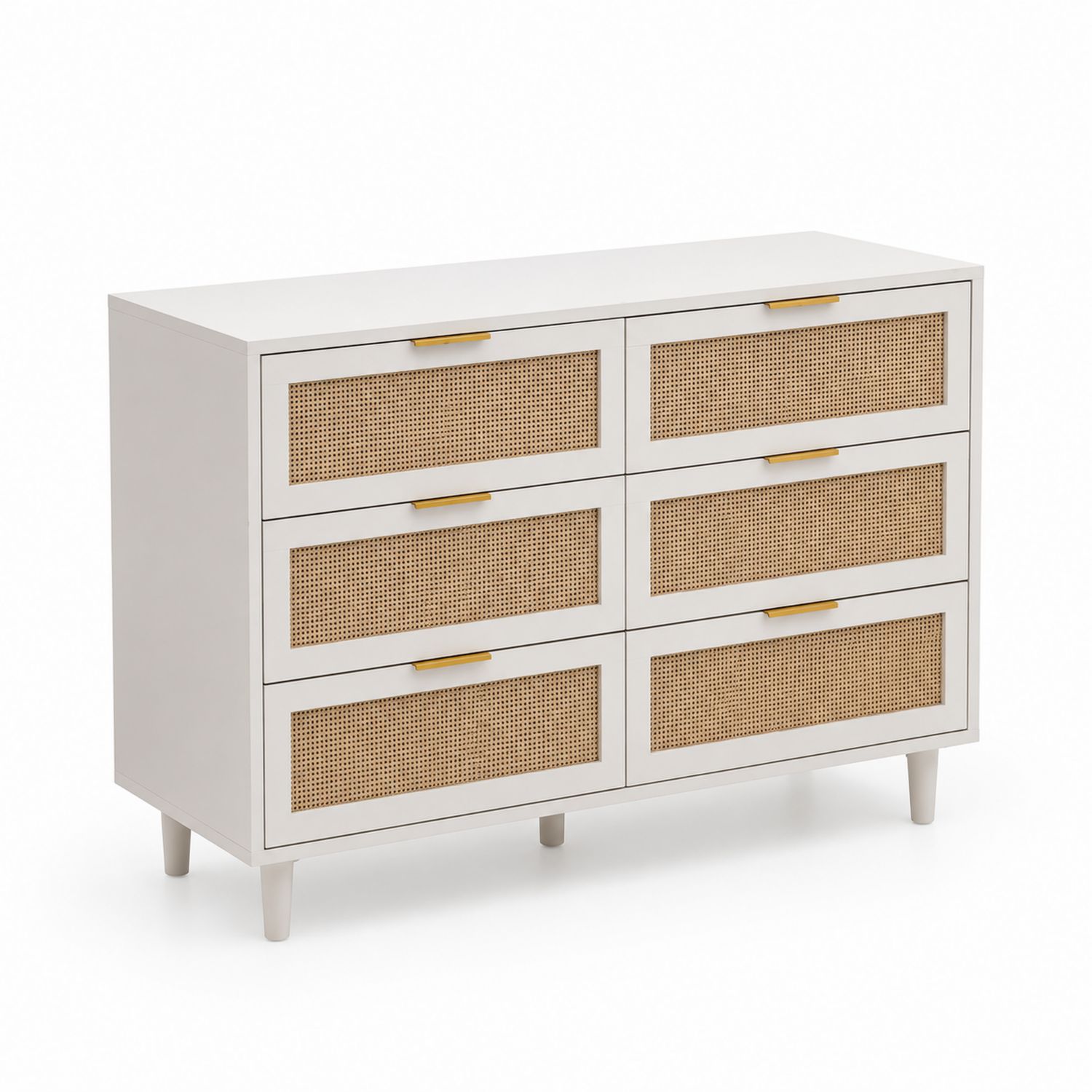 Cómoda de madera y ratán tejido con 6 cajones, Blanco y Beige-Mavtrivarion