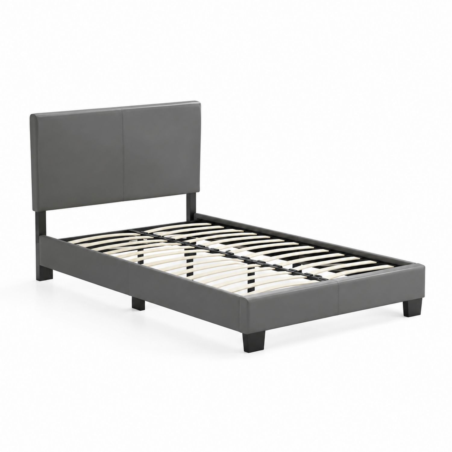 Cama individual de metal y cuero sintético gris 200x100 cm-Mavtrivarion