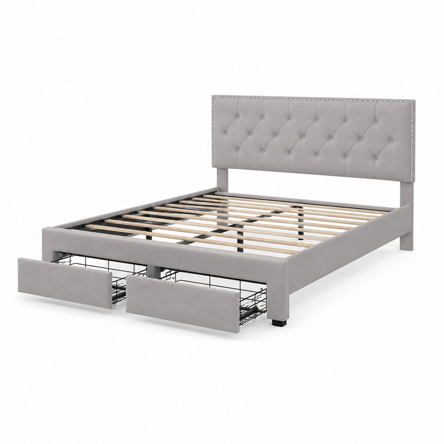 Cama doble con cabecero capitoné de tela gris y cajones de almacenamiento-Mavtrivarion