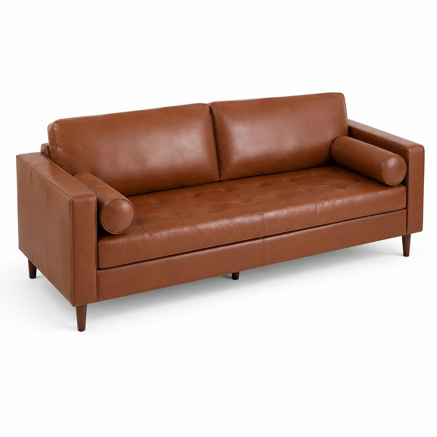 Sofá de 3 plazas en cuero sintético marrón con cojines cilíndricos 220x85x75 cm-Mavtrivarion