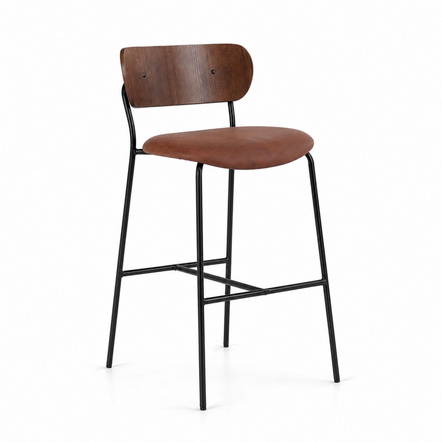Taburete de metal negro con asiento de cuero sintético marrón y respaldo de madera-Mavtrivarion