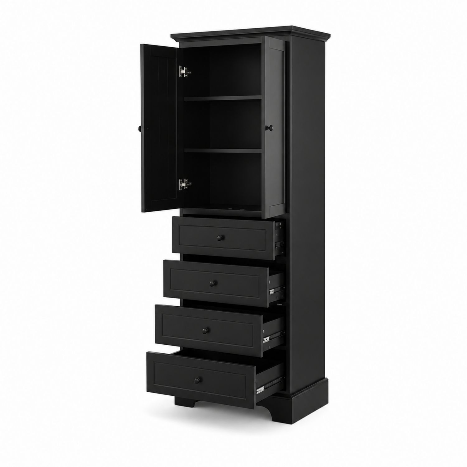 Armario alto de madera con cajones y estantes negros-Mavtrivarion